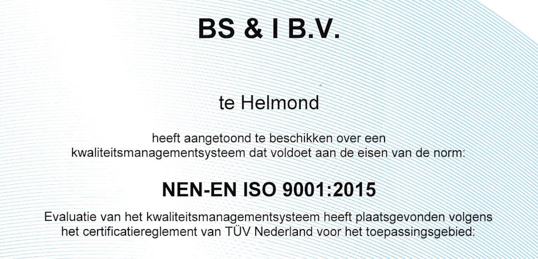 BS&i Mechatronics ISO 9001 certificaat