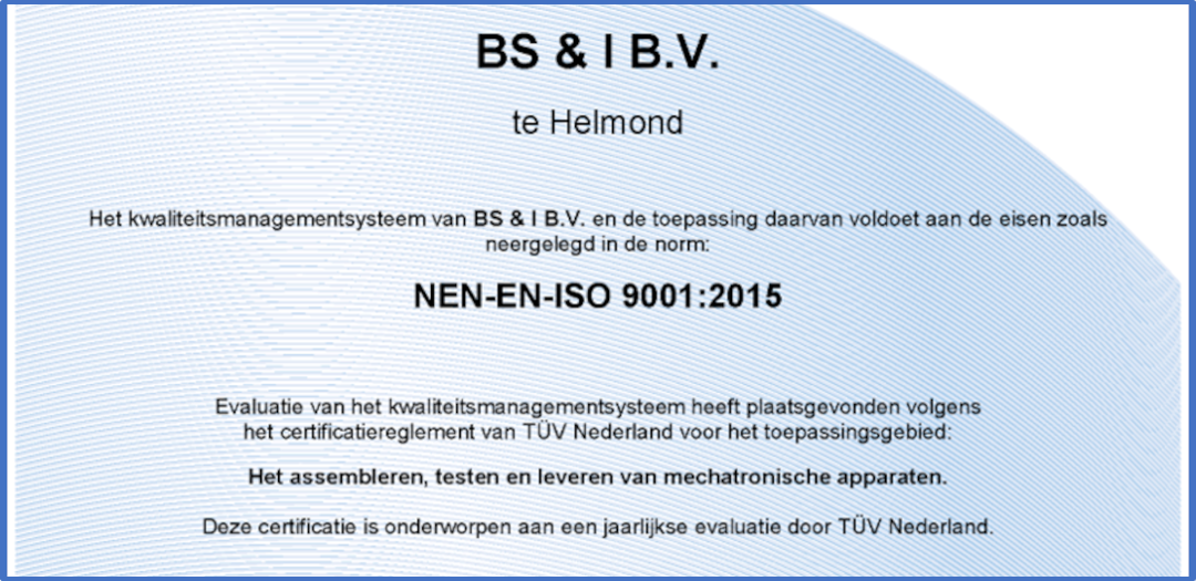 BS&i Mechatronics Certificaat ISO 9001
