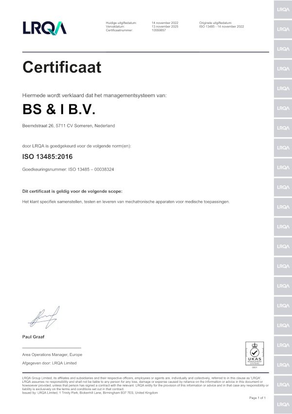 BS&i Mechatronics ISO 13485 2016 certificaat 600x850