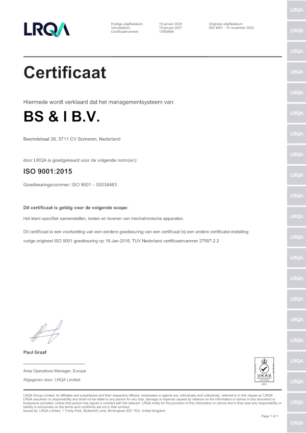 BS&i Mechatronics ISO 9001 2015 certificaat 600x850